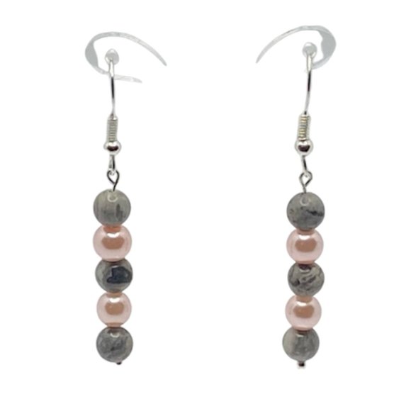 Pink Pearls with Gray Marble Drop Earrings - Picture 1 of 4